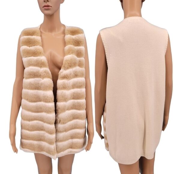 Calvin Klein Women's Cream Tan Faux Fur Longline Duster Vest Women's Large - Picture 4 of 13